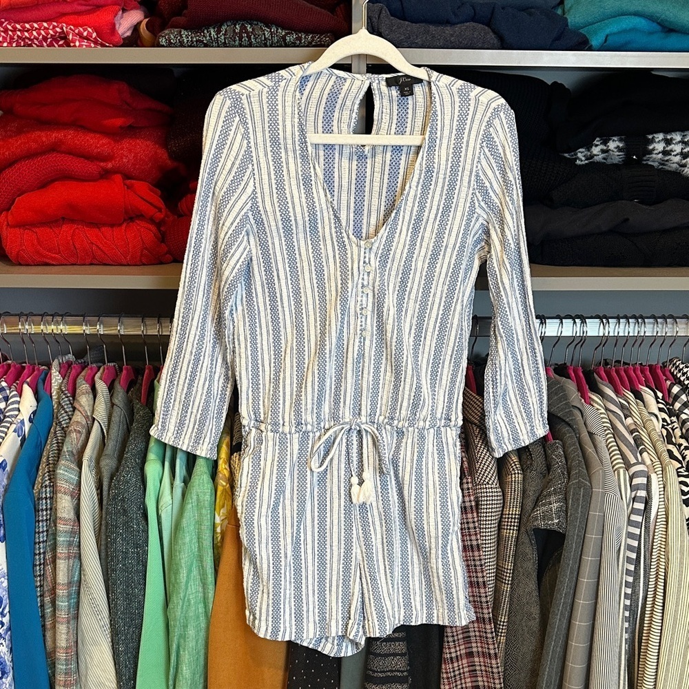 J Crew blue/white striped 3/4 sleeve v neck 2 pocket romper size XS